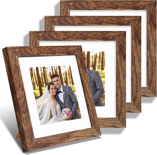 8x8 Picture Frames Set of 4, Made of Glass and Rustic Brown Wooden Frame - Display Picture 6x6 with Mat or 8 x 8 Without Mat, 8 by 8 Photo for Wall or Tabletop
