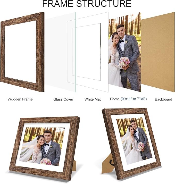 9x11 Picture Frame Set of 4, Made of Real Glass and Rustic Brown Frame - Display Picture 7x9 with Mat or 9x11 Without Mat, 9 by 11 Photo for Wall or Tabletop