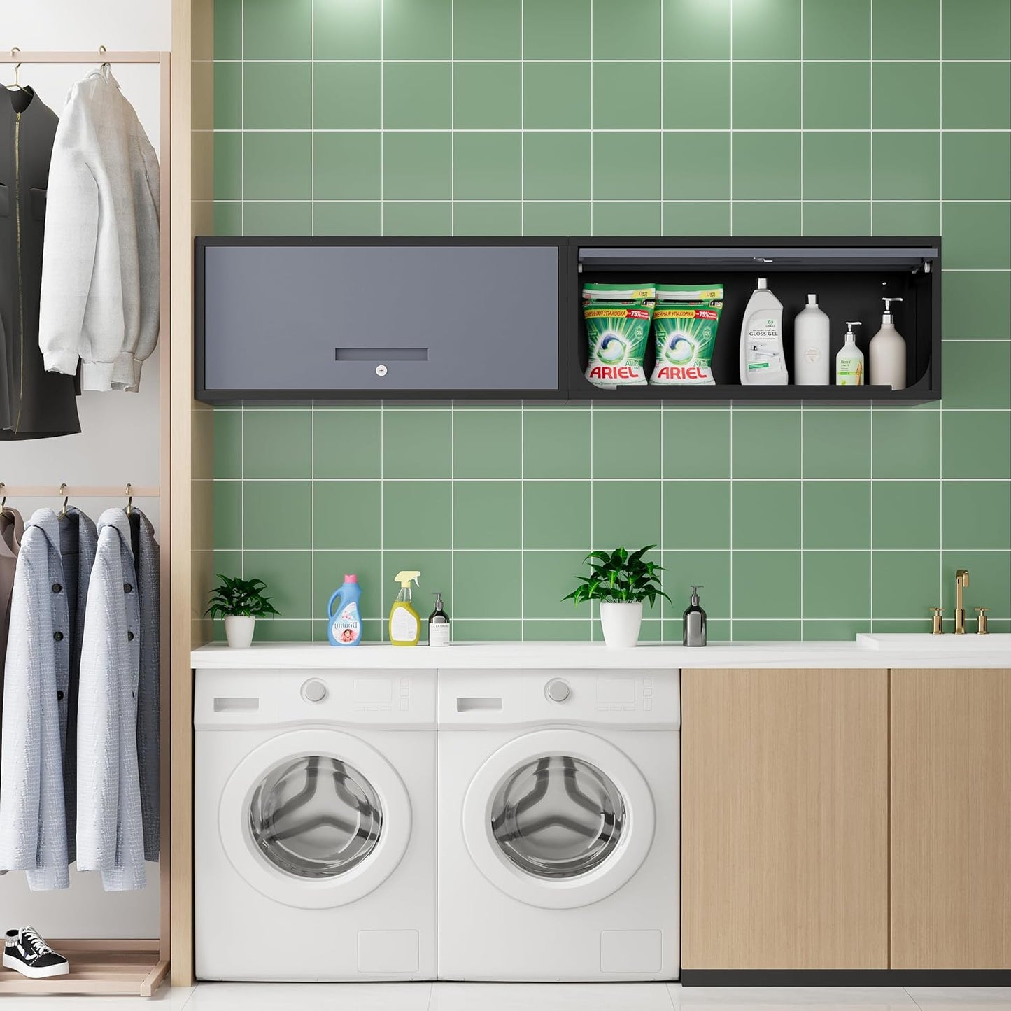 Metal Storage Cabinet Black&Gray Wall Cabinets with Locking Door - Wall Mounted Storage Cabinet for Garage Warehouse Home Office - Assembly Required