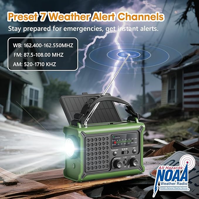 Raynic NOAA Weather Radio 12000mAh, Emergency Weather Radio with 2X Faster Solar & Hand Crank Charging, 5W Flashlight, Reading Lamp, Cell Phone Charger, SOS for Hurricane, Storm, Camping