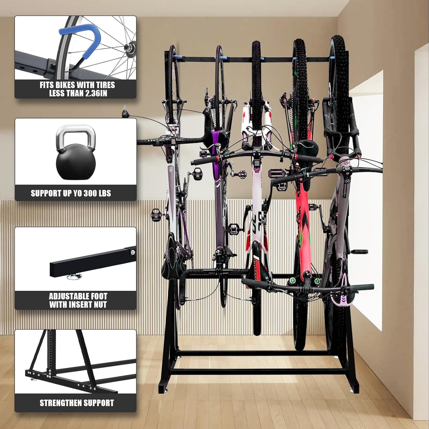 KAXIWEI Freestanding Bike Storage Rack，Vertical Bike Rack for Indoor Garage Floor Stand Max 5 Bike Bicycle Organizer Heavy-Duty Solid Steel Bike Storage Rack for Home and Garage Organizer