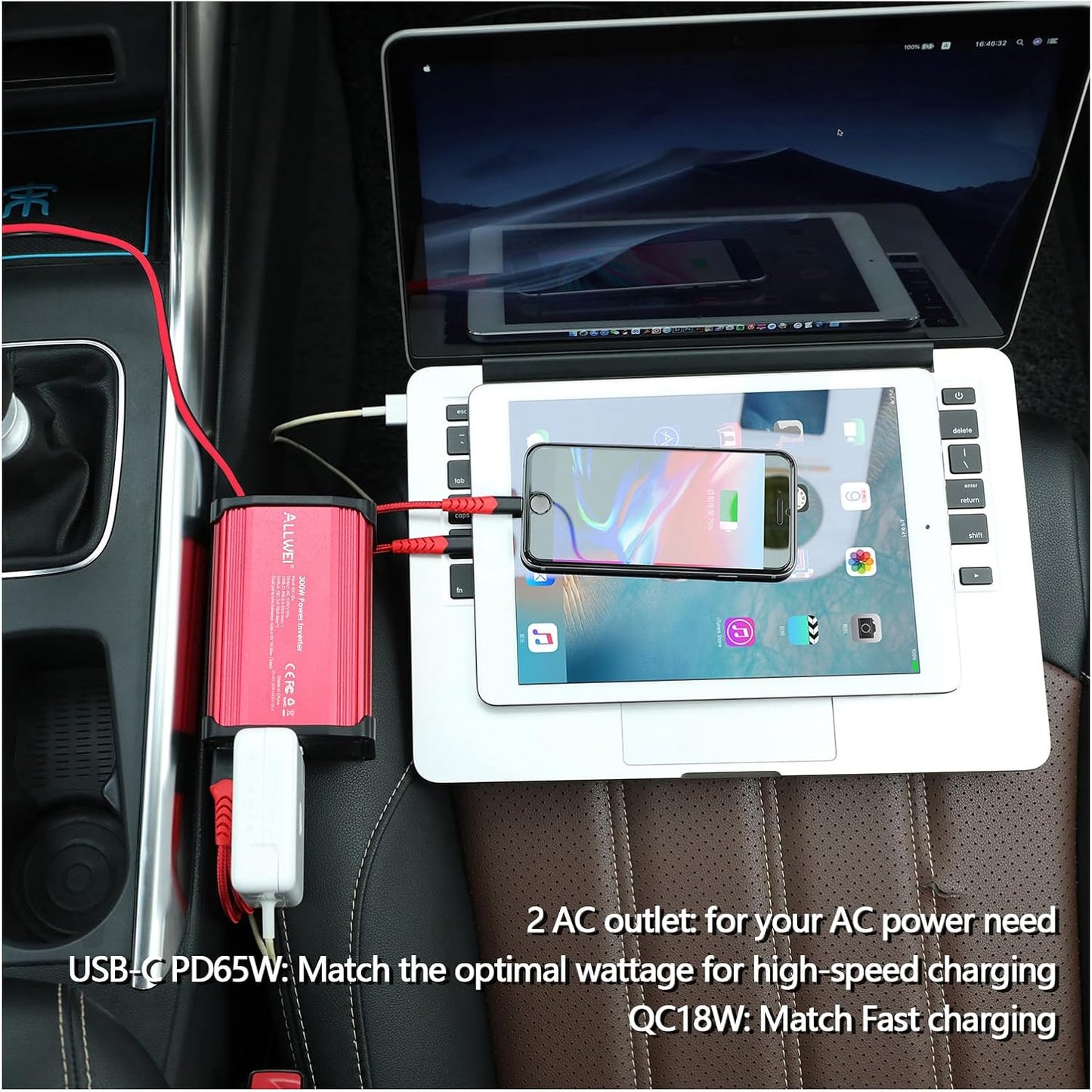 ALLWEI 300W Car Power Inverter with 65W USB-C and 3.0 USB Port - DC 12V to 110V AC Power inverters for Vehicles Converter Fast Charging Ports Car Charger Adapter (Red)