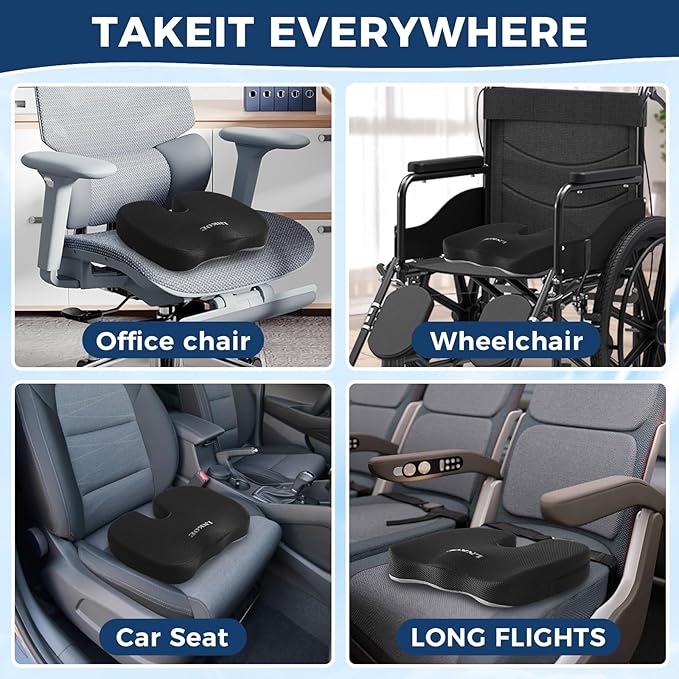 LNKOE Seat Cushion Memory Foam Cushion for Office Chair, Car Seat, Airplane, Bleacher - Sciatica & Hip & Coccyx Pain Relief Desk Chair Cushion for Long Sitting Office Workers, Car Drivers