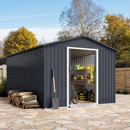 8 X 15 Ft Outdoor Storage Shed, Spacious Garden Tool Sheds with Lockable Door (Lock Not Included) and Vent, Durable Metal Patio Shed for Garden, Backyard, Lawn Mower Storage, Gray