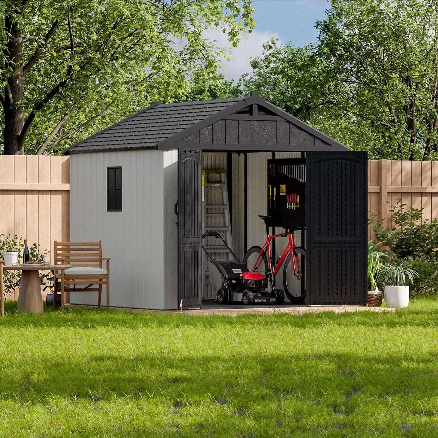 Patiowell 8x8 FT Outdoor Storage Shed, Plastic Shed Resin Garden Tool Shed with Floor & Window & Lockable Door for Patio Furniture, Backyard Tools, Bicycles & Lawnmower, Beige