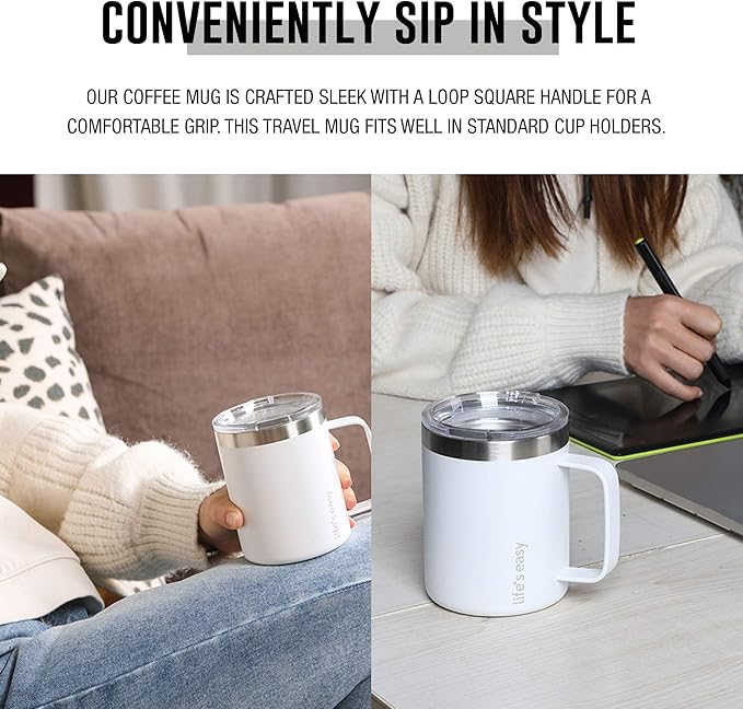 Life's Easy 12 oz Stainless Steel Mug w/Handle - Double Wall Insulated Travel Tumbler w/Flip Lid - Leak Proof Tumbler-Thermal Cup for Coffee, Tea & More - Keep Hot & Cold Drinks (Winter White, 12 oz)