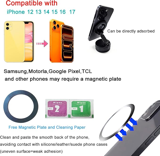 Car Phone Holder Mount with Nano Gel Vacuum Magnetic Suction,Magsafe Car Holder, Phone Mount for Car/Home/Workplace, Compatible for Phones