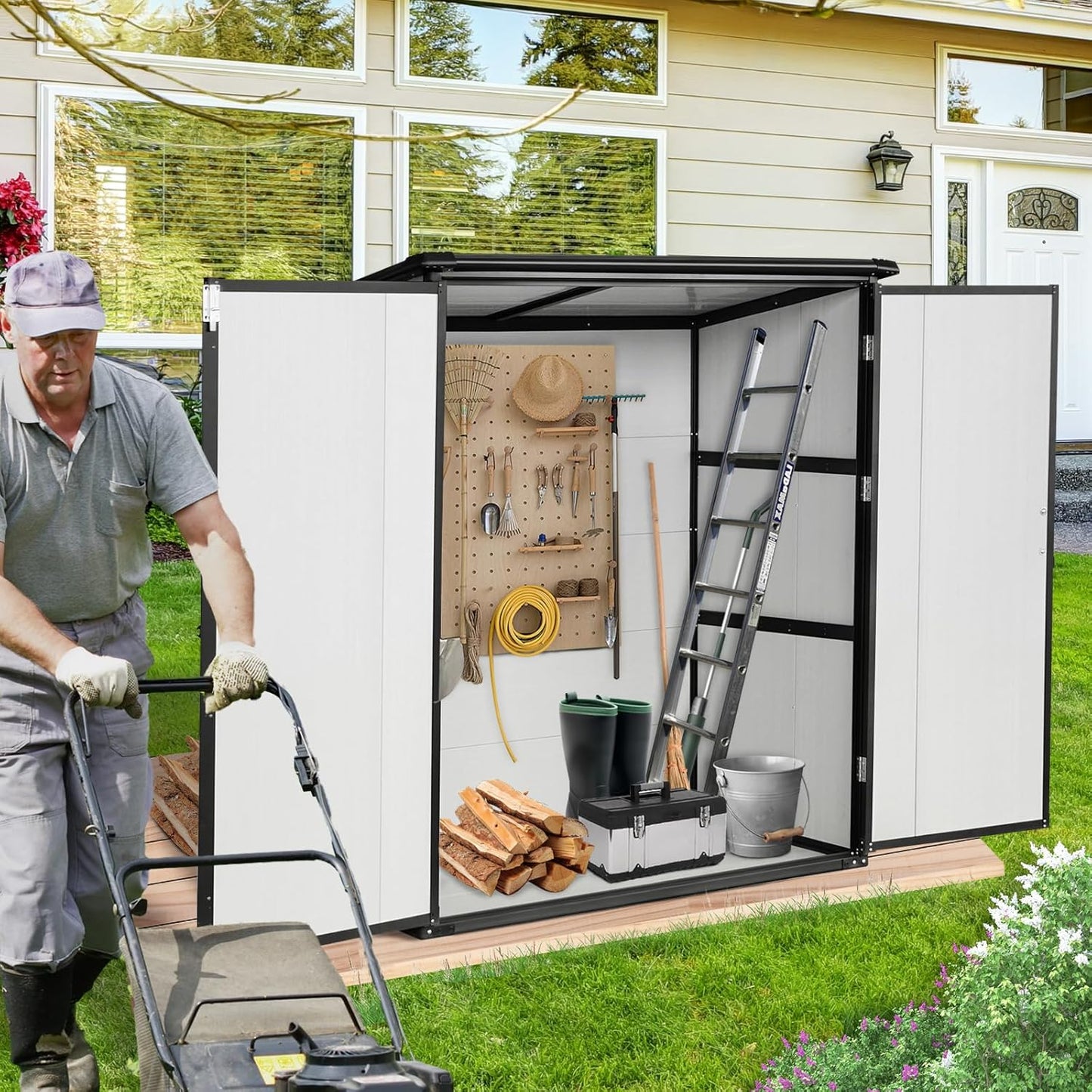 5x3 FT Resin Outdoor Storage Shed with Floor, Waterproof Resin Cabinet with Lockable Doors, Plastic Tool Shed for Patio Furniture, Bikes, Accessories,White+Black