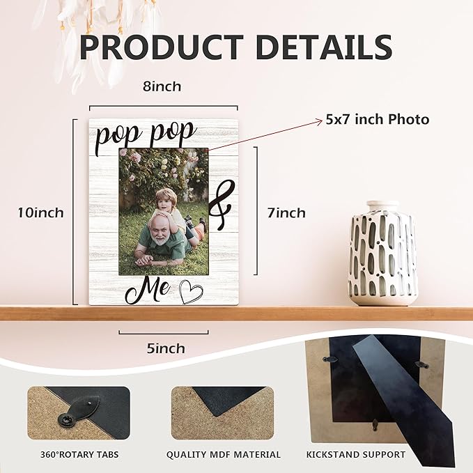 Fathers Day Pop Pop Picture Frames - Grandpa Photo Frame, Grandpa Gifts for Father's Day Birthday from Grandkids Grandchildren, PopPop and Me Grandfather Picture Photo Frames for Home Bedroom Decor, 5x7