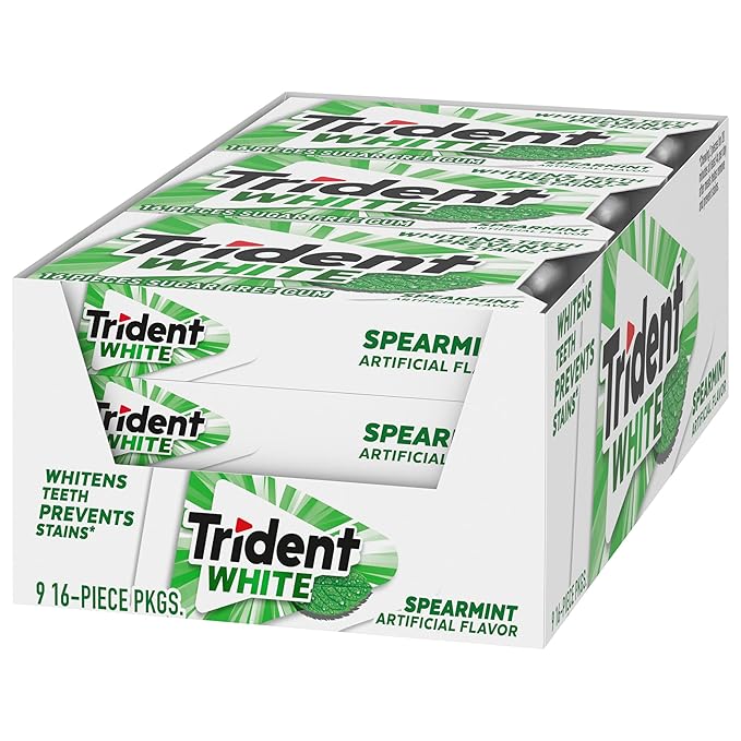 Trident White Spearmint Sugar-Free Chewing Gum, 9 Pack of 16 Pieces (144 Total Pieces)
