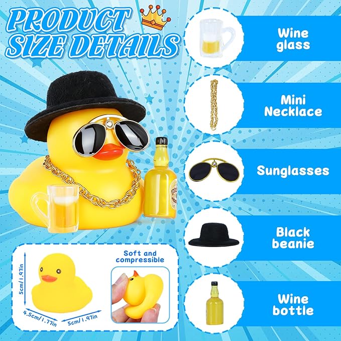 Rubber Ducks Car Decorations, Funny Duck with Black Top Hat Gold Necklace Sunglasses Beer Glass and Bottle, Squeaky Dashboard Decor Accessories for Car Interior, DIY Office Home Decor Gift