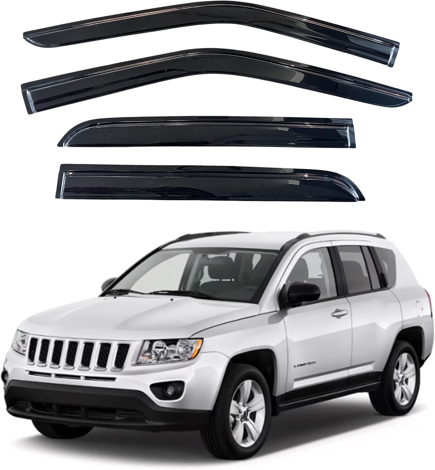 KPY Window Visor Compatible with Jeep Compass 2007-2016, 4PC Rain Guard Side Window Vent Deflectors Tape-On Mugen Style, 2007 2008 2009 2010 2011 2012 2013 2014 2015 2016