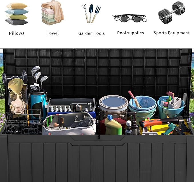 YITAHOME Outdoor Storage Box, 120 Gallon Waterproof Deck Box for Garden Tools, Patio Cushions, and Pool Accessories, Lockable, Easy Assembly, Versatile Bench or Table (Black)