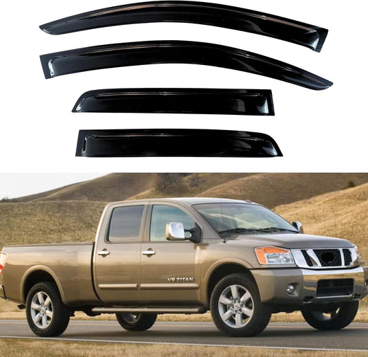 KPY Window Visors Compatible with Nissan Titan Crew Cab 2004-2015, 4PC Rain Guard Side Vent Deflectors Tape-On Style, 2004 2005 2006 2007 2008 2009 2010 2011 2012 2013 2014 2015 (Crew Cab Only)