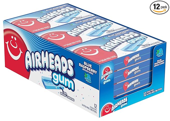 Airheads Candy, Chewing Gum, Blue Rasberry Flavor, Sugar Free, Xylitol, 14 Sticks per Pack, Box of 12 Packs