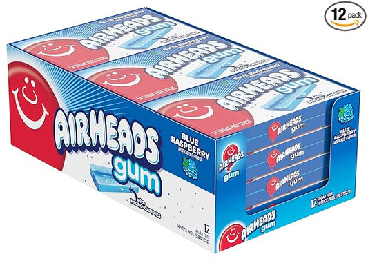 Airheads Candy, Chewing Gum, Blue Rasberry Flavor, Sugar Free, Xylitol, 14 Sticks per Pack, Box of 12 Packs