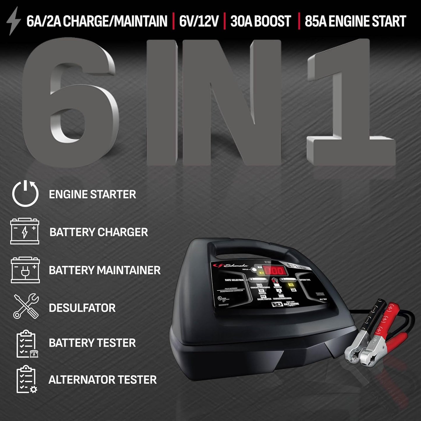 Schumacher Electric 6A Battery Charger and 85A Engine Starter, 6-in-1 Solution for 6V/12V Batteries, Maintainer, 30 Amp Boost, SC1307, for Power Sport, Car, Truck, and Marine Batteries