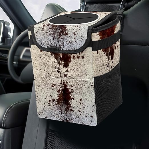 Western Brown Cow Print Car Trash Can with Lid Collapsible Reusable Waterproof Car garage bag,Automotive Garbage Can,Car Accessories Interior Car Organizer