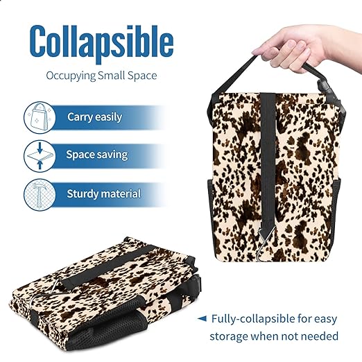 Brown Western Cow Print Car Trash Can with Lid - Collapsible Reusable Waterproof Automotive Garbage Can