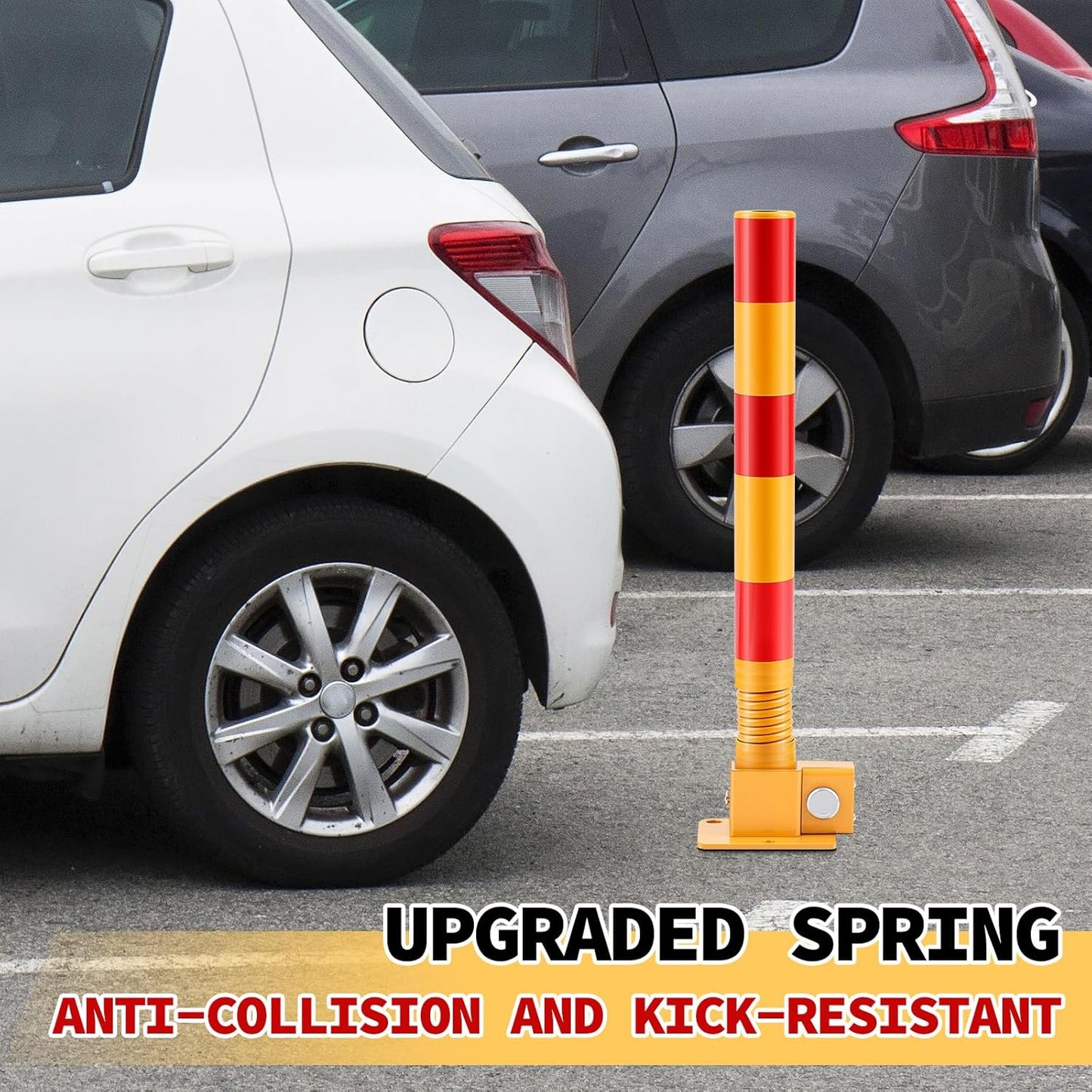 Zonon 1 Pcs Spring Parking Post Folding Heavy Metal Parking Barrier Lock Obstacle Pile with Warning Stripes Interceptor Bollard for Traffic-Sensitive Area Garage