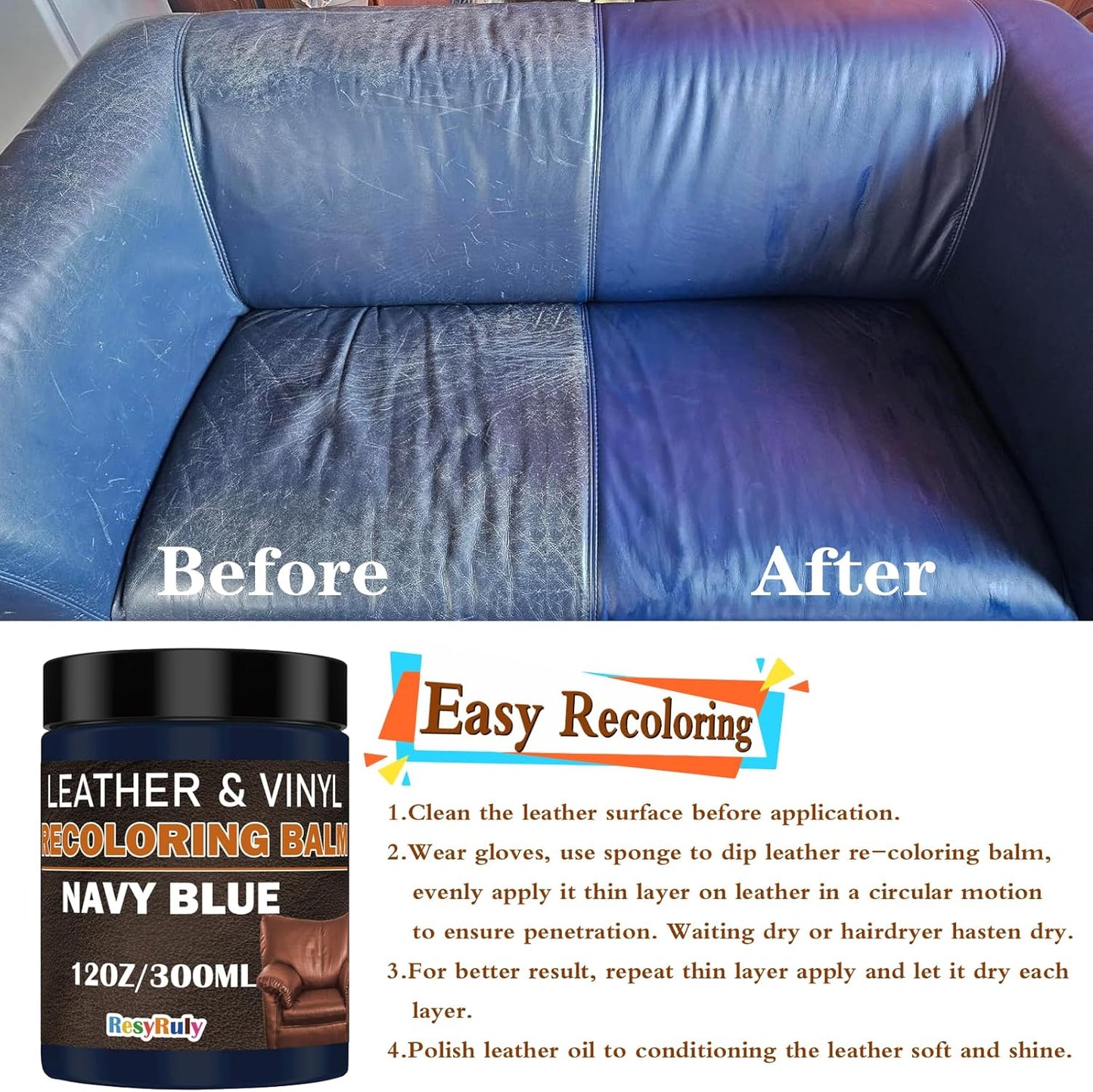 Navy Blue Recoloring Balm Restorer Refinish Liquid Fabric Dye Cream Leather Footwear Sneaker Shoes Boots Jacket Vinyl Paint Boat Car Seats Wood Furniture Couch Stain Remover Fade Scratches Repair
