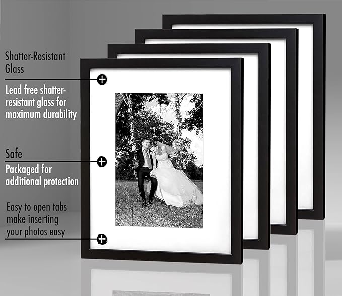 Americanflat 12x16 Picture Frame with Shatter-Resistant Glass - Set of 4 - Use as 8x12 Frame with Mat or Display 12x16 Photo Without Mat - Signature Collection - Picture Frames for Wall - Black