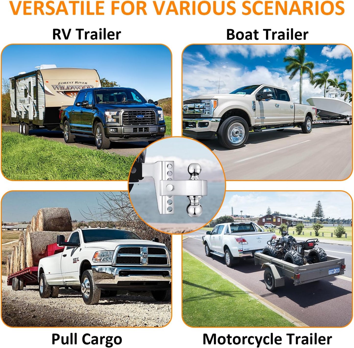 Adjustable Trailer Hitch-Drop Hitch Fits 2.5-Inch Receiver -6" Drop/Rise Tow Hitch with 2" and 2-5/16" Tow Balls-18,500GTW with Double Anti-Theft Pins Locks (Silver)