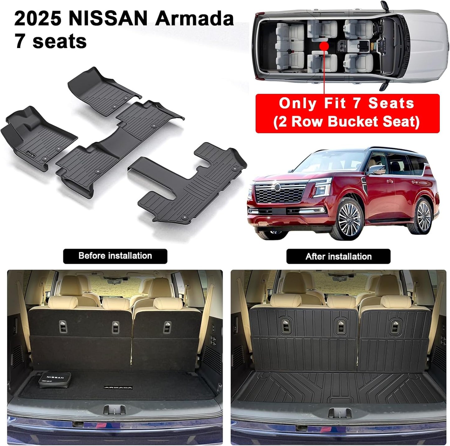 Floor Mat for 2025 Nissan Armada Only Suit for 7 Seats, TPE All Weather Protection Floor Liners & Cargo Liners Velcro Covering The Backrest (for 2025 Nissan Armada-7)