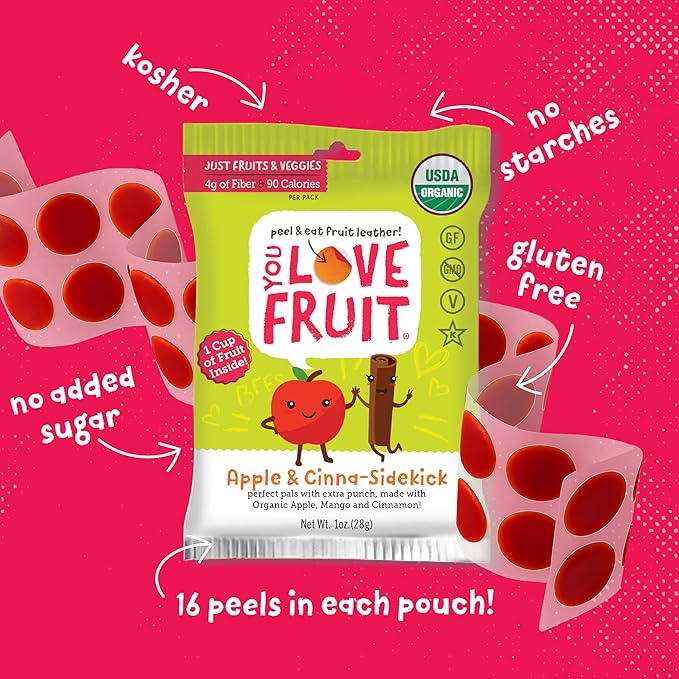 YOU LOVE FRUIT - APPLE & CINNA-SIDEKICK All Natural Fruit Snacks, Healthy Snack Pack, Real Fruit! Gluten Free, Non GMO, Vegan, Low Carb, Low Fat, Kosher, Variety Pack, Great For Adding To Gift Box, 1.0 oz (Pack of 12)