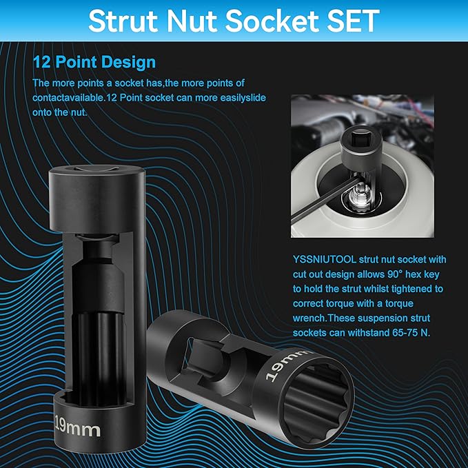 Suspension Strut Socket Tool,5PC Strut Nut Socket 18mm 19mm 21mm 22mm 24mm with 12 Point 1/2" Drive, Easy Remove Strut Nuts