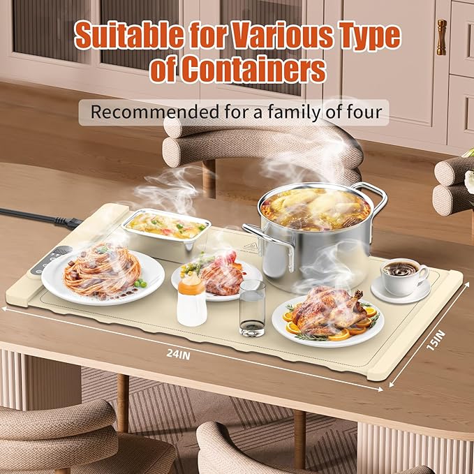 Food Warming Mat,Fast Heating Silicone Electric Warming Tray with 6 Temperature Levels & 7 Timer Settings,Food Warmers for Parties Buffet,Portable Warming Mat for Food，24 x 15 Inches Premium Silicone