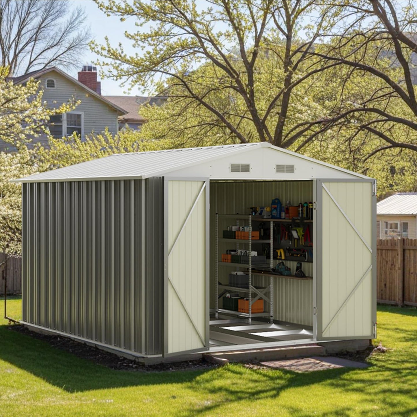Patiowell 8x10 FT Outdoor Storage Shed with Floor Frame, Large Garden Tool Metal Shed with Sloping Roof and Double Lockable Door, Outdoor Shed for Backyard Garden Patio Lawn,Grey
