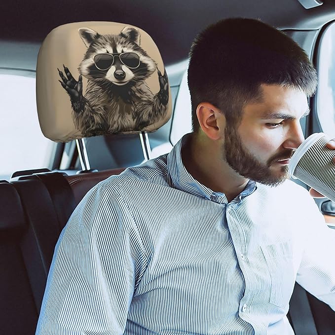 Dujiea 2 Pack Funny Raccoon Car Headrest Covers, Universal Soft Car Seat Head Rest Cover Protector, Vehicle Accessories Fabric Headrest Cover for Cars Vans Trucks