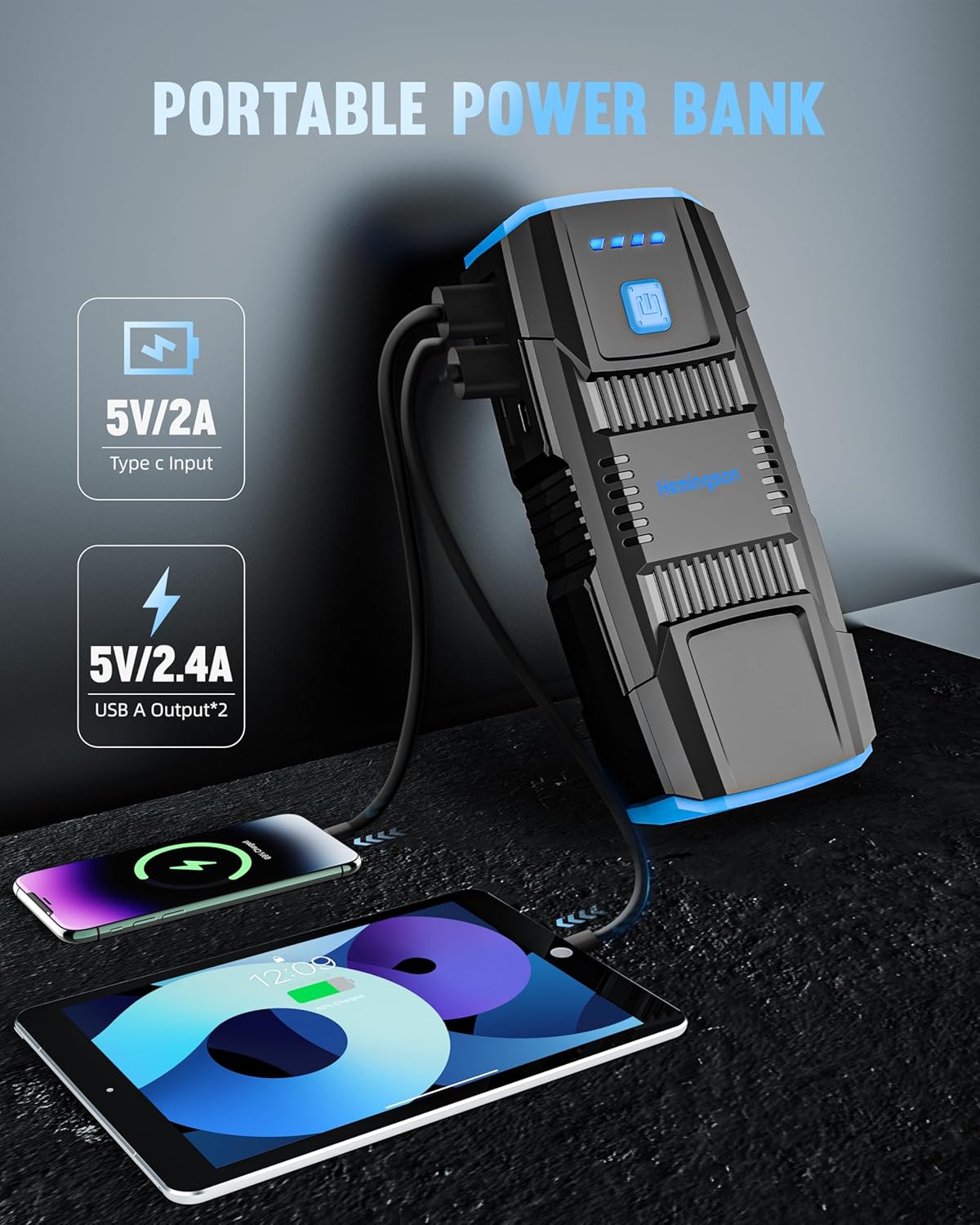 Car Jump Starter, HEMINGSON 2000A Peak Battery Jump Starter Portable 12V Jump Box for Vehicles 7.0L Gas and 5.5L Diesel Engines with 4 Modes LED Lights and Jumper Cable