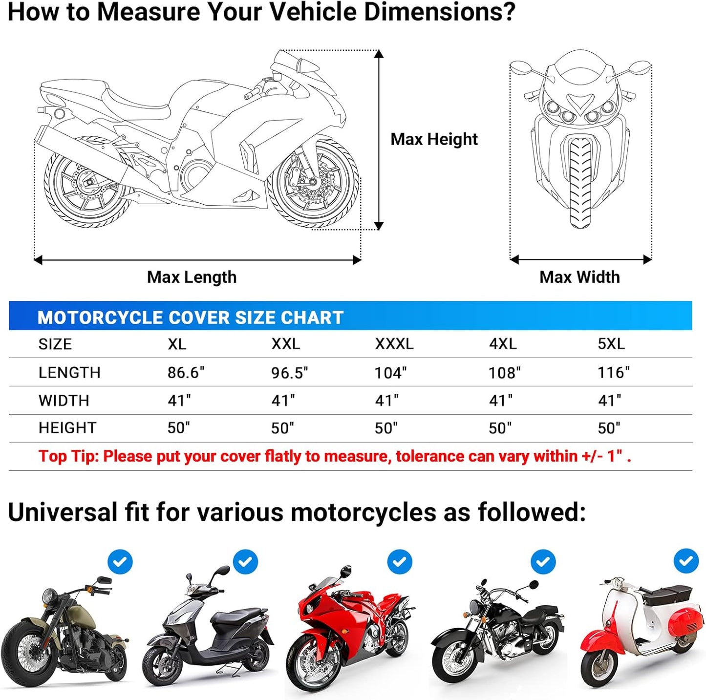 Favoto Motorcycle Cover Waterproof All Season Sun Outdoor Protection Windproof Night Reflective with Lock-Holes Storage Bag Universal Fits up to 116" Motorcycles Vehicle Motorbike Cover
