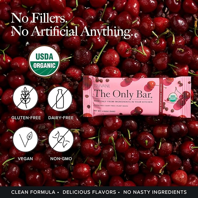 Truvani Plant Based Snack Bars | Cherry Chocolate Chip 1 Pack | 5g Protein | USDA Organic and Vegan | The Only Bar | Dairy, Soy, and Gluten Free | Individually Wrapped