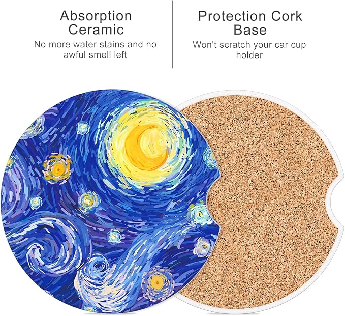 Car Cup Holder Coaster, Car Coasters for Cup Holders, 4 Pack Universal Anti Slip Insert Absorbent Ceramic Auto Interior Accessories with A Finger Notch & Cork Base, Starry Night