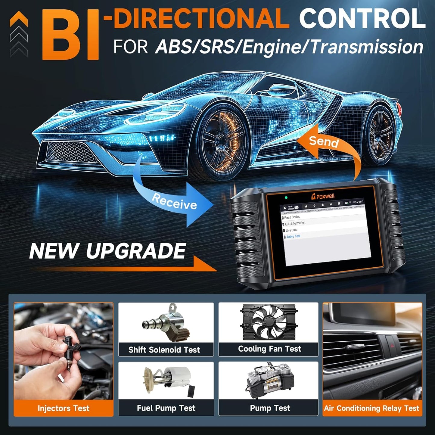 FOXWELL NT716 Bidirectional OBD2 Scanner – ABS, Airbag, Transmission, Engine Scanner with 9 Service Resets Including ABS Bleeding Oil Light, EPB, BMS, DPF, Throttle Relearn, Orange