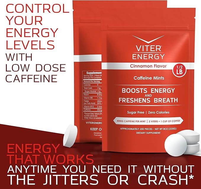 Viter Energy 40mg Caffeine Mints - Sugar Free, B Vitamins, Vegan, Boosts Fast Energized Alert Focus, Caffeinated Nootropic Supplement Pills (Cinnamon Flavor, 8oz, Bulk Bag)