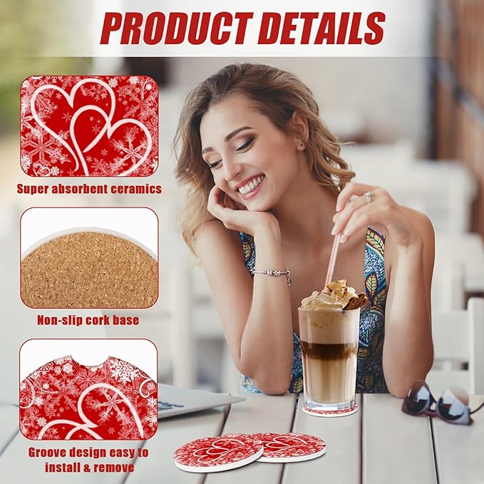 Valentines Love Heart Car Coasters for Cup Holders, Absorbent Ceramic Car Coaster Car Cup Holder Coaster Car Accessories for Women Men (2 Pack)