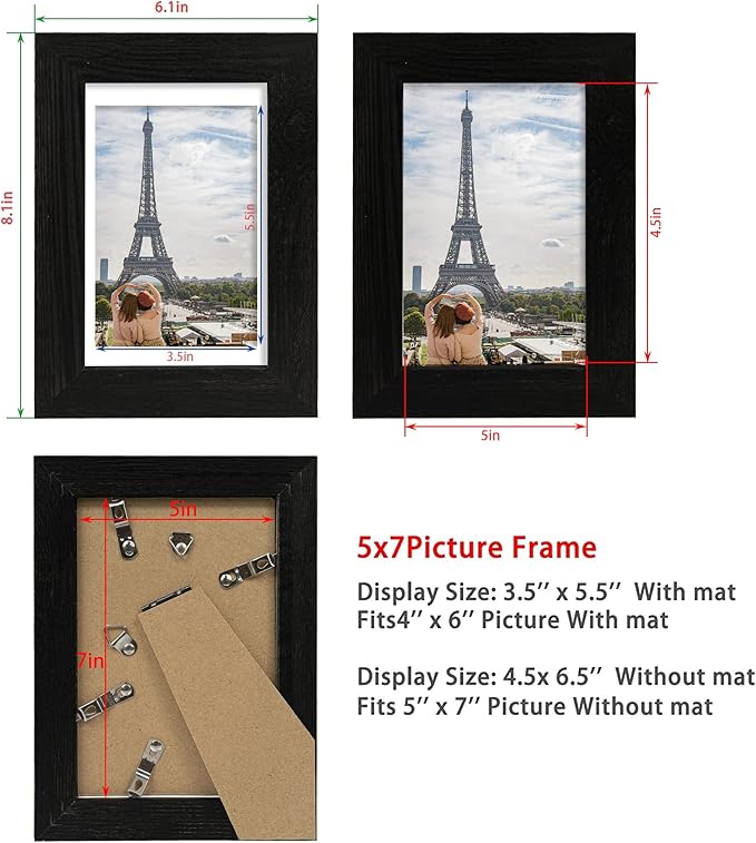 5x7 Picture Frame Set of 4, Made of Real Glass and Rustic Black Wooden Frame, 5 by 7 Photo for Wall or Tabletop - Display Picture 4x6 with Mat or 5x7 Without Mat