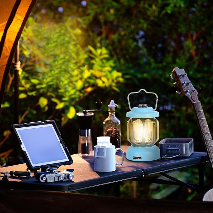 Rechargeable LED Camping Lanterns, Vintage Camping Lights Battery Operated, Portable Retro Metal Glamping Lights for Hiking, Hurricane, Decoration, Power outages, Blue, 1 Pack