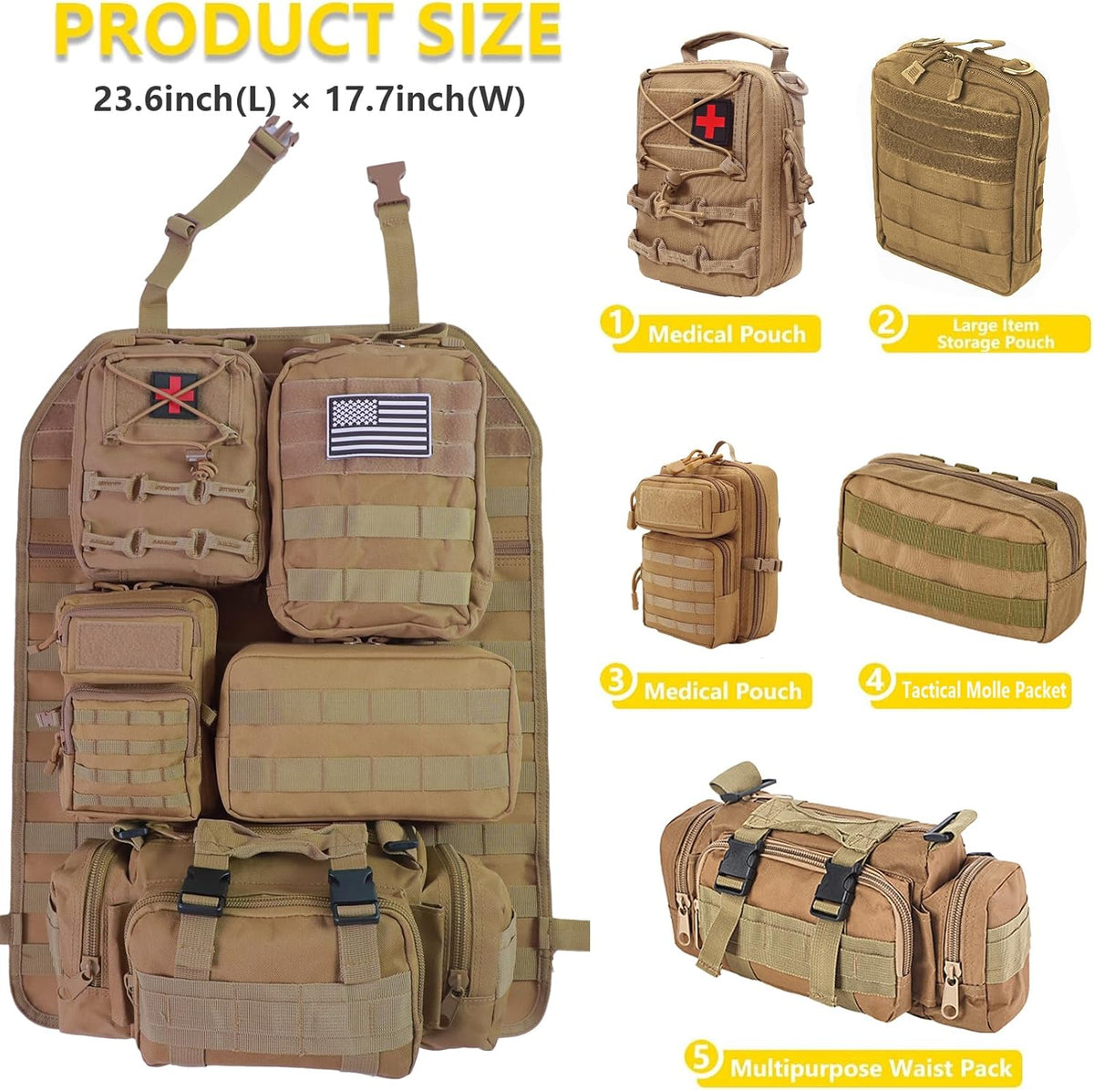 Universal Tactical Seat Back Organizer Vehicle Molle Panel Organizer Storage Bag with 5 Detachable Molle Pouch for All Vehicel Such as Jeep,Truck,SUV, Car, Ford,Chevy etc