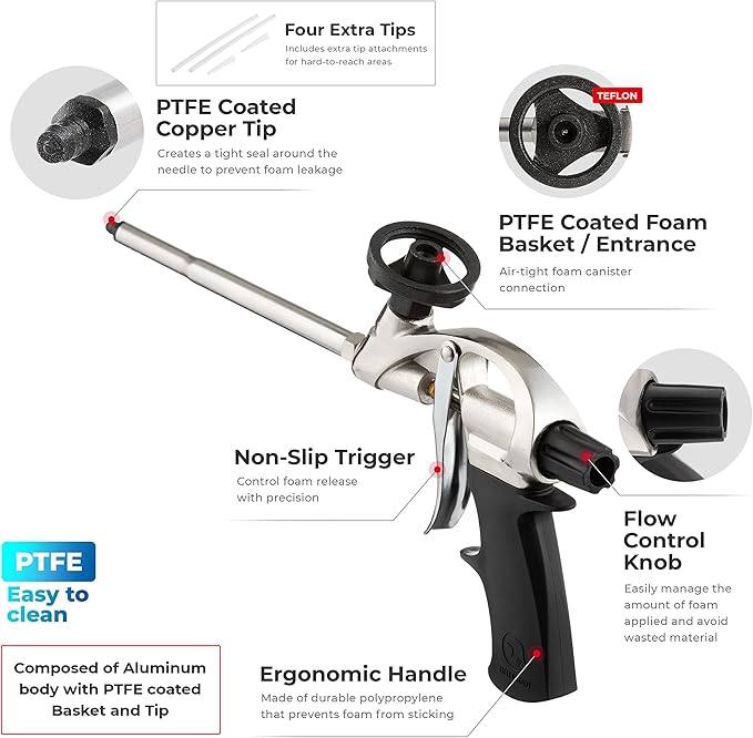 INTERTOOL Expanding Spray Foam Gun - PU Sealant Foam Applicator for Caulking and Insulation Dispensing - PTFE Non-Stick Teflon Coated Basket and Tip - PT-0604