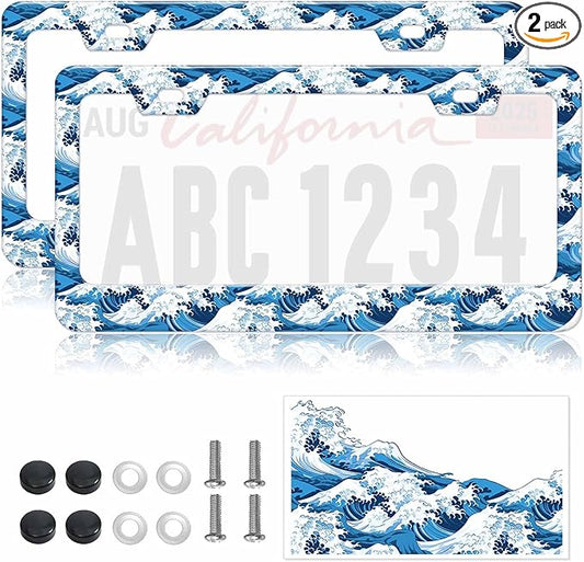 2pcs Blue Ocean Wave License Plate Frame for Women, Sea Wave Car Tag Frames Girly for Vehicle with Non Adhesive Electrostatic Sticker