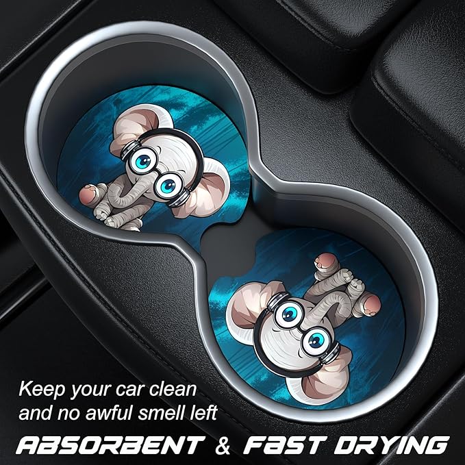 Car Cup Holder Coasters, 2 Pack Universal Auto Anti Slip Insert Coaster with A Finger Notch, Cute Car Assecories for Women Men, Cup Mat for Most Interior, Pretty Elephant