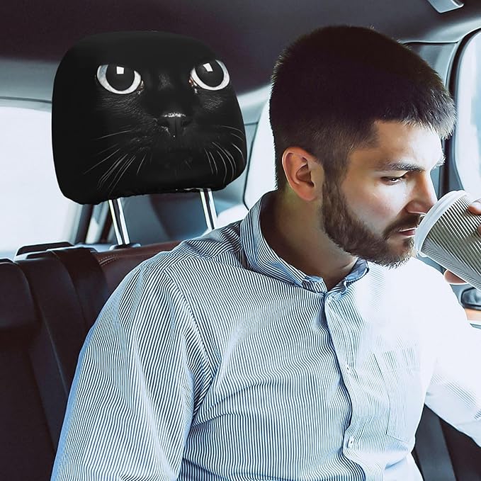 Dujiea 2 Pack Black Cat Car Headrest Covers, Universal Soft Car Seat Head Rest Protector, Vehicle Accessories Fabric Headrest Cover for Cars Vans Trucks