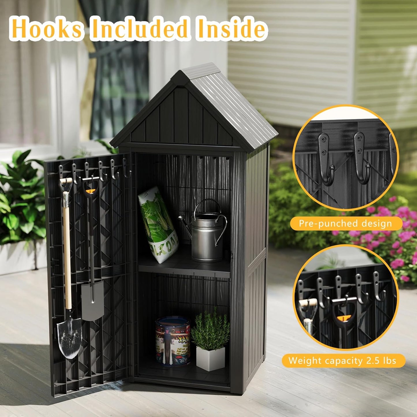 Storage Shed Outdoor Lockable,Waterproof Resin Garden Tool Shed, Heavy-Duty Weather-Resistant Cabinet for Patio, Backyard, or Garage (Black)