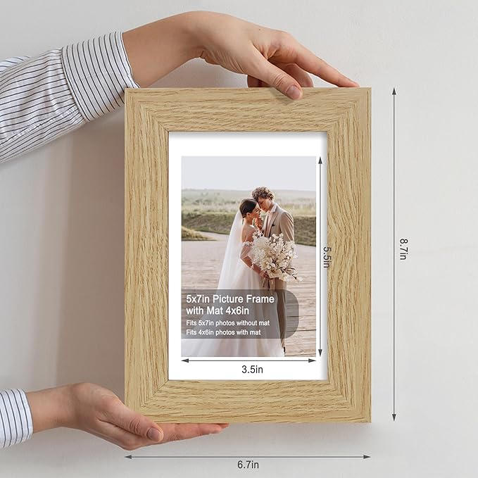 5x7 Picture Frame Set of 4, Made of Real Glass and Natural Oak Wooden Frame, 5 by 7 Photo for Wall or Tabletop - Display Picture 4x6 with Mat or 5x7 Without Mat