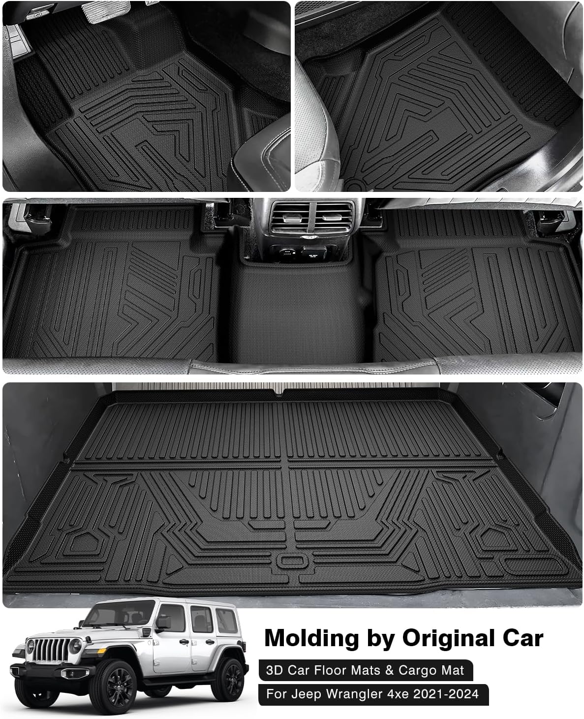 Powerty Floor Mats & Cargo Liner for 2021-2025 Jeep Wrangler 4XE 4 Door Accessories Floor Mats 2 Row Liner Set All Weather TPE 3D Floor Liners&Rear Cargo Mat (Not for JL/JK/4X4)